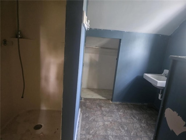 303 W Park St, Pittsburg, KS 66762 - full bathroom featuring a walk in shower, a sink, and lofted ceiling