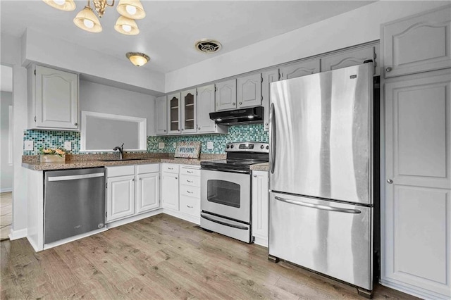 3218 NE 47th St, Kansas City, MO 64119 - kitchen with stainless steel appliances, a sink, under cabinet range hood, and gray cabinetry