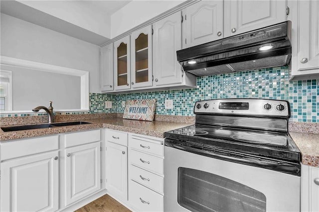 3218 NE 47th St, Kansas City, MO 64119 - kitchen with electric range, extractor fan, a sink, glass insert cabinets, and tasteful backsplash