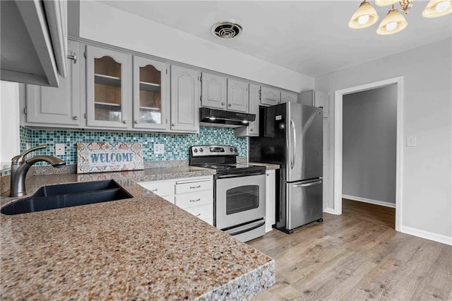 3218 NE 47th St, Kansas City, MO 64119 - kitchen with appliances with stainless steel finishes, a sink, under cabinet range hood, gray cabinetry, and tasteful backsplash