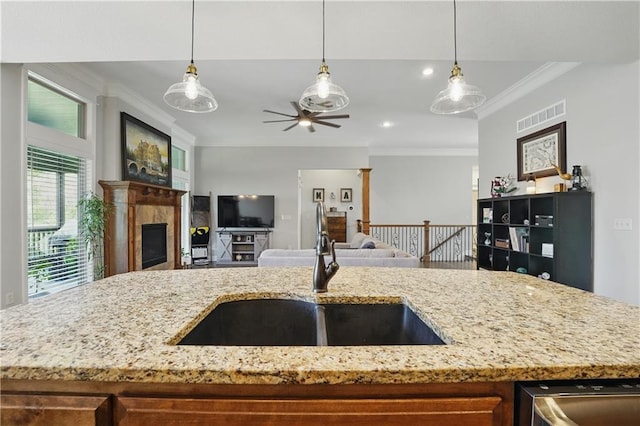 1104 NW 109th St, Kansas City, MO 64155 - kitchen with a sink, crown molding, open floor plan, light stone countertops, and a fireplace