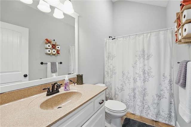 1104 NW 109th St, Kansas City, MO 64155 - bathroom featuring vanity, toilet, tile patterned floors, and a shower with curtain