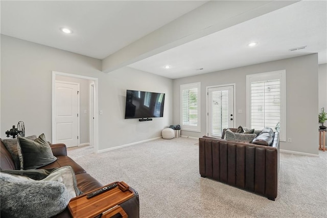 1104 NW 109th St, Kansas City, MO 64155 - living area featuring light carpet, baseboards, recessed lighting, and beamed ceiling