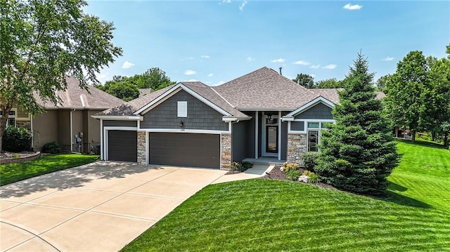 1104 NW 109th St, Kansas City, MO 64155 - craftsman-style house featuring an attached garage, a front lawn, driveway, and stone siding