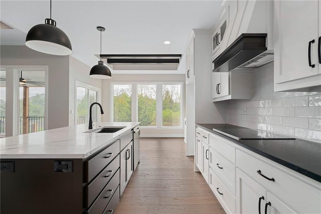 14278 S Houston St, Olathe, KS 66061 - kitchen featuring a sink, ventilation hood, black electric stovetop, white cabinetry, and a center island with sink