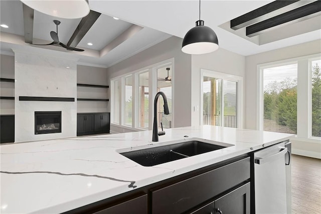 14278 S Houston St, Olathe, KS 66061 - kitchen with a sink, stainless steel dishwasher, light wood finished floors, light stone counters, and a high end fireplace