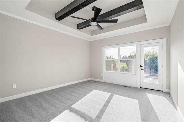 14278 S Houston St, Olathe, KS 66061 - unfurnished room with a tray ceiling, light carpet, a ceiling fan, baseboards, and crown molding
