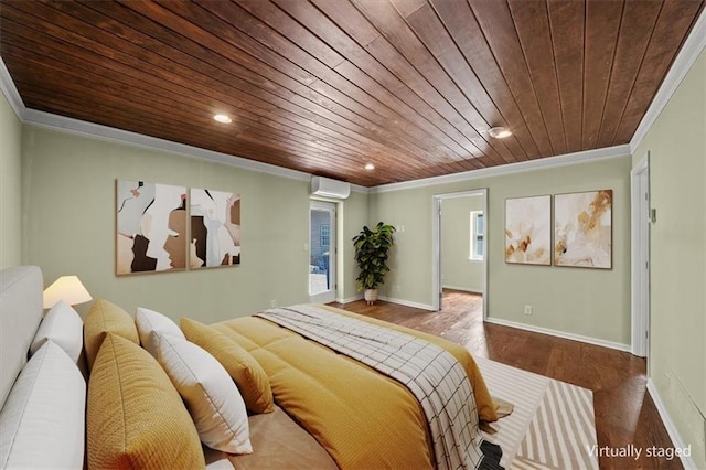 2306 Red Bridge Ter, Kansas City, MO 64131 - bedroom featuring wood ceiling, ornamental molding, an AC wall unit, wood finished floors, and baseboards
