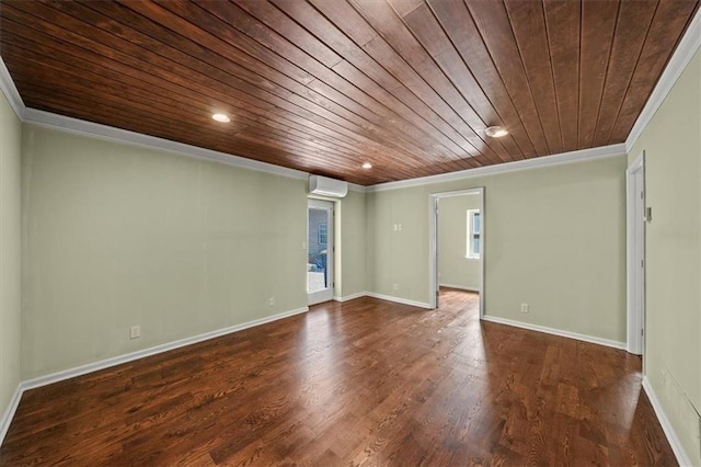 2306 Red Bridge Ter, Kansas City, MO 64131 - spare room featuring wooden ceiling, ornamental molding, a wall unit AC, wood finished floors, and baseboards