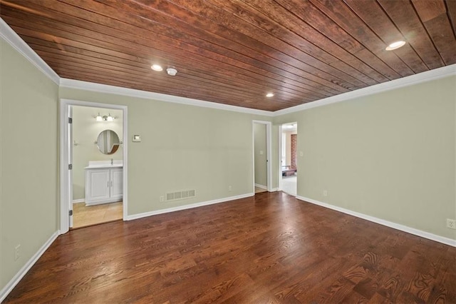 2306 Red Bridge Ter, Kansas City, MO 64131 - empty room featuring wooden ceiling, ornamental molding, dark wood-style flooring, baseboards, and recessed lighting