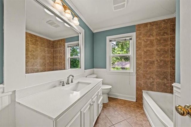 2306 Red Bridge Ter, Kansas City, MO 64131 - bathroom featuring vanity, toilet, a wainscoted wall, a bathtub, and crown molding