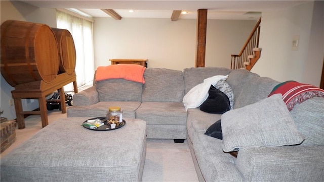 5500 NW 62nd St, Kansas City, MO 64151 - living room featuring carpet, beam ceiling, and stairway