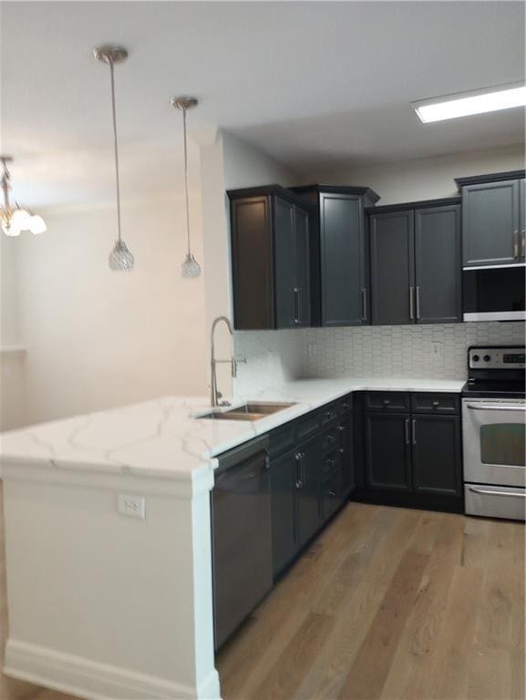 15829 W Robinson St, Overland Park, KS 66223 - kitchen with stainless steel electric range, dishwashing machine, a sink, light wood-style floors, and tasteful backsplash