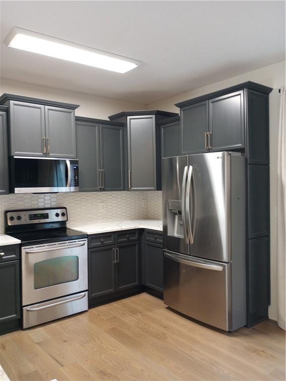 15829 W Robinson St, Overland Park, KS 66223 - kitchen with appliances with stainless steel finishes, light countertops, decorative backsplash, and light wood-style flooring