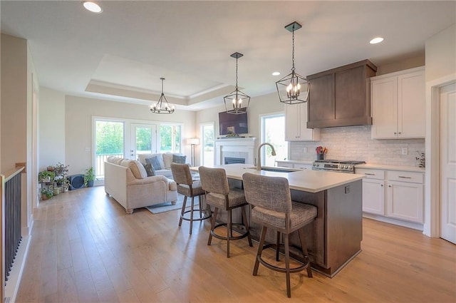 24129 W 95th St, Lenexa, KS 66227 - kitchen featuring a sink, a breakfast bar, open floor plan, a raised ceiling, and tasteful backsplash
