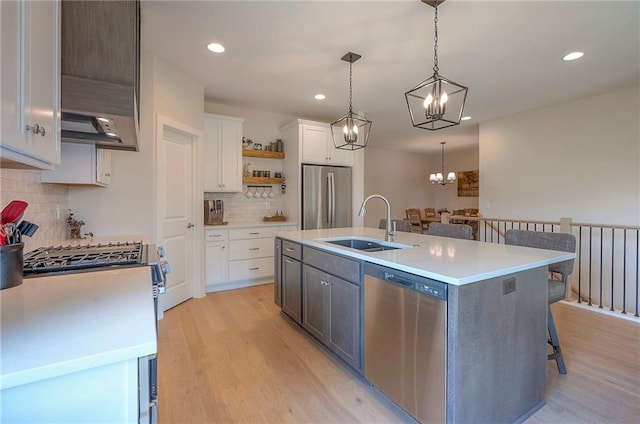 24129 W 95th St, Lenexa, KS 66227 - kitchen featuring appliances with stainless steel finishes, open shelves, a sink, a chandelier, and white cabinets