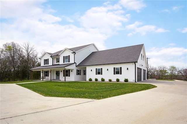 24905 W 57th St, Shawnee, KS 66226 - modern farmhouse style home with concrete driveway, a porch, a front lawn, and roof with shingles
