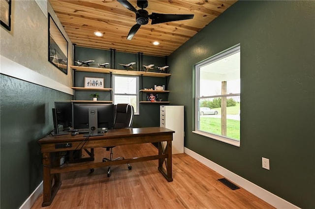 24905 W 57th St, Shawnee, KS 66226 - office area featuring wood ceiling, ceiling fan, light wood finished floors, and baseboards