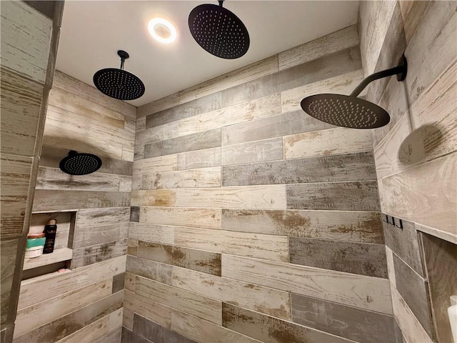 24905 W 57th St, Shawnee, KS 66226 - bathroom featuring tiled shower and wood walls