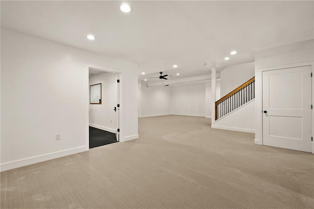 24905 W 57th St, Shawnee, KS 66226 - unfurnished room featuring recessed lighting, light carpet, stairway, a ceiling fan, and baseboards