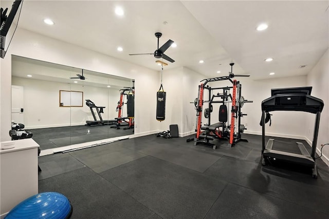24905 W 57th St, Shawnee, KS 66226 - workout room with a ceiling fan, recessed lighting, and baseboards
