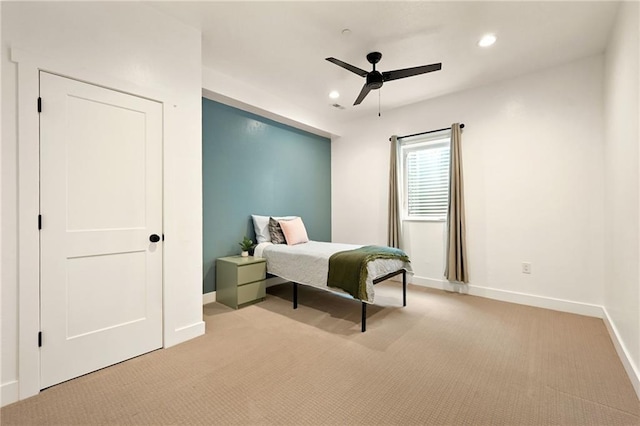 24905 W 57th St, Shawnee, KS 66226 - bedroom featuring light carpet, recessed lighting, baseboards, and ceiling fan
