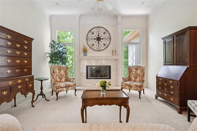 14913 W 72nd St, Shawnee, KS 66216 - living area with light colored carpet, crown molding, and a high end fireplace