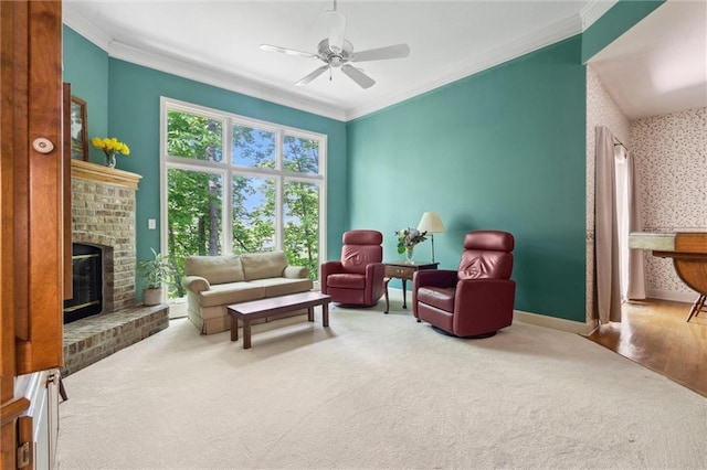 14913 W 72nd St, Shawnee, KS 66216 - carpeted living area with crown molding, a fireplace, and ceiling fan