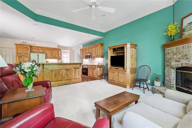 14913 W 72nd St, Shawnee, KS 66216 - living area with ceiling fan, a fireplace, crown molding, and light colored carpet