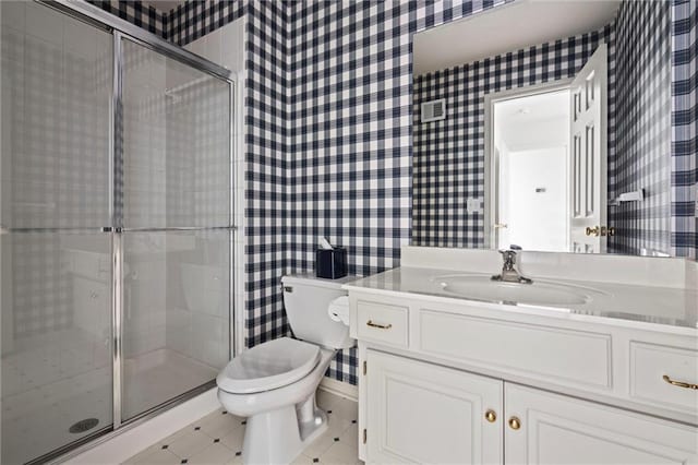 14913 W 72nd St, Shawnee, KS 66216 - full bathroom featuring wallpapered walls, vanity, and a stall shower