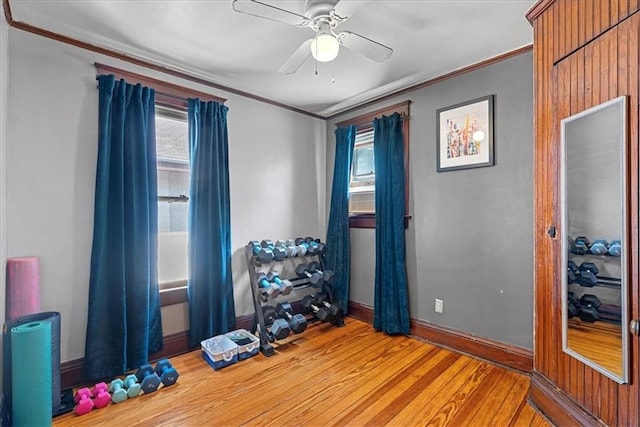 1405 W 40th St, Kansas City, MO 64111 - bedroom with crown molding, light wood-type flooring, and a ceiling fan