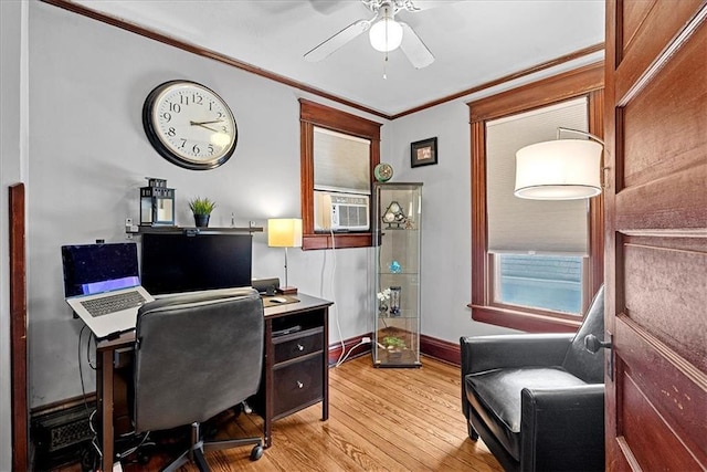 1405 W 40th St, Kansas City, MO 64111 - office space with crown molding, light wood-style flooring, ceiling fan, and cooling unit