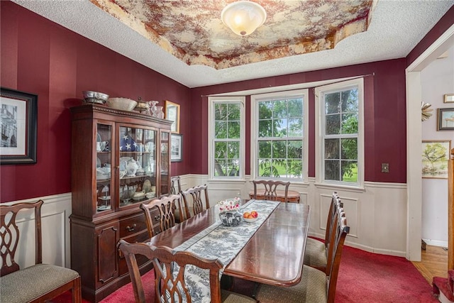 1515 Fox Run Ln, Raymore, MO 64083 - carpeted dining space featuring a wainscoted wall, a raised ceiling, and a textured ceiling