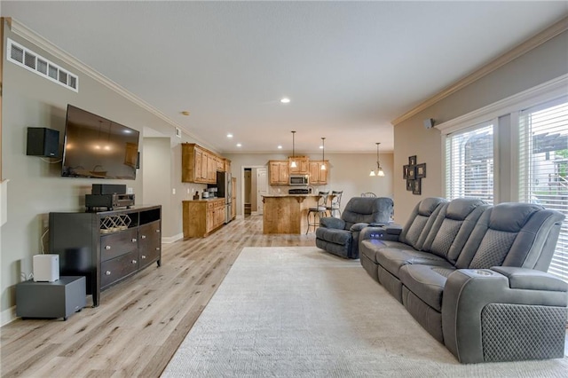 2208 SW Hawk View Rd, Lees Summit, MO 64082 - living area featuring ornamental molding, light wood finished floors, baseboards, and recessed lighting