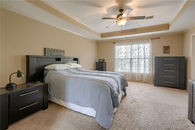 2208 SW Hawk View Rd, Lees Summit, MO 64082 - bedroom featuring a tray ceiling, crown molding, light carpet, and ceiling fan