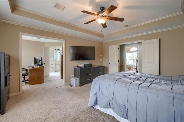 2208 SW Hawk View Rd, Lees Summit, MO 64082 - bedroom with a raised ceiling, ornamental molding, carpet, a desk, and ceiling fan