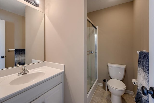2208 SW Hawk View Rd, Lees Summit, MO 64082 - bathroom featuring toilet, a shower stall, vanity, tile patterned floors, and baseboards