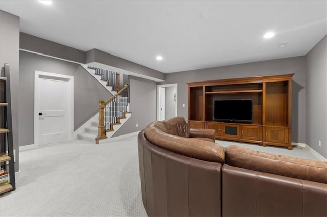 9412 Aurora St, Lenexa, KS 66220 - carpeted living room featuring stairs, recessed lighting, and baseboards