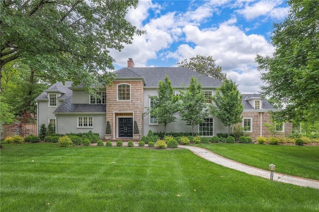 1055 W 54th St, Kansas City, MO 64112 - view of front of property featuring a front lawn, a chimney, and roof with shingles