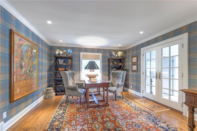 1055 W 54th St, Kansas City, MO 64112 - office featuring wallpapered walls, crown molding, wood finished floors, french doors, and recessed lighting
