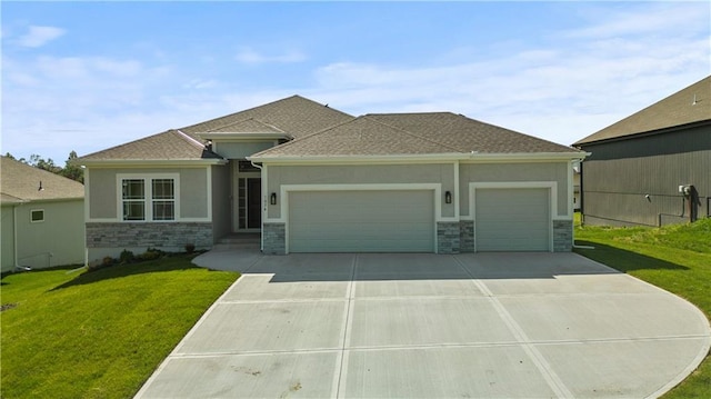 1300 Melissa Ct, Kearney, MO 64060 - prairie-style house featuring stone siding, stucco siding, an attached garage, and a front yard