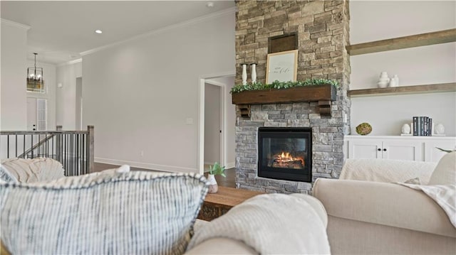 1300 Melissa Ct, Kearney, MO 64060 - living area featuring a fireplace, ornamental molding, a chandelier, and baseboards