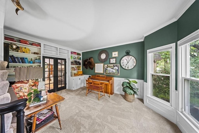8102 W 153rd St, Overland Park, KS 66223 - living area featuring french doors, crown molding, carpet, wainscoting, and built in features