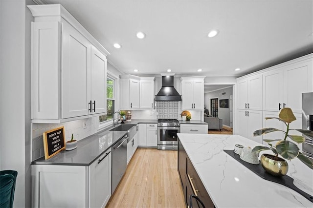 8102 W 153rd St, Overland Park, KS 66223 - kitchen featuring stainless steel appliances, custom exhaust hood, a sink, recessed lighting, and light wood-type flooring