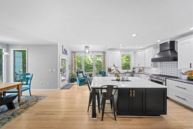 8102 W 153rd St, Overland Park, KS 66223 - kitchen featuring premium range hood, high end stainless steel range, white cabinets, a kitchen island, and light wood-type flooring