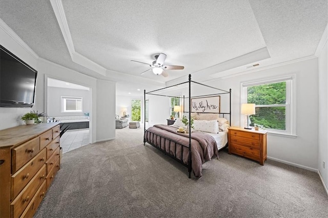 8102 W 153rd St, Overland Park, KS 66223 - bedroom featuring a tray ceiling, a textured ceiling, light carpet, crown molding, and baseboards