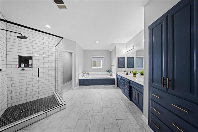 8102 W 153rd St, Overland Park, KS 66223 - full bathroom featuring marble look tiles, a bath, a stall shower, double vanity, and recessed lighting