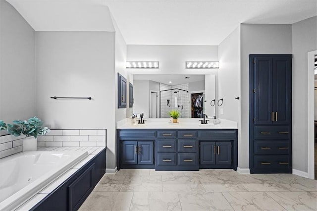 8102 W 153rd St, Overland Park, KS 66223 - bathroom with a stall shower, double vanity, a jetted tub, marble look tile flooring, and baseboards