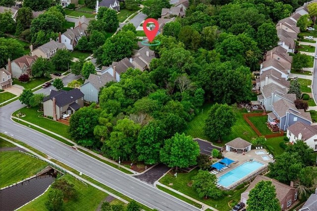 8102 W 153rd St, Overland Park, KS 66223 - aerial view of property's location featuring nearby suburban area and a pool area