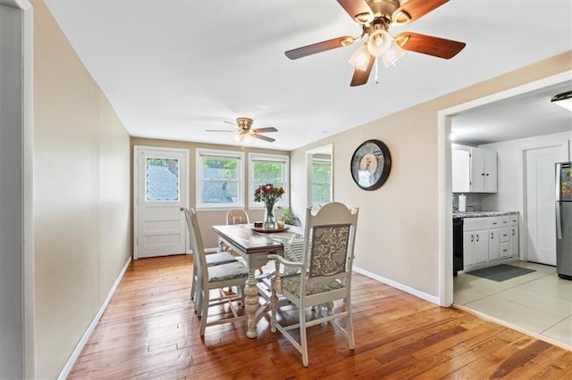 8700 Independence Ave, Kansas City, MO 64125 - dining area featuring light wood-style flooring, ceiling fan, and baseboards